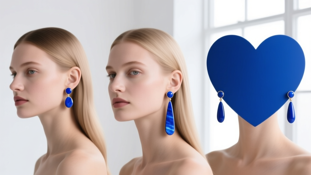 Sketch of three face shapes wearing varying lapis lazuli drop earring lengths to demonstrate visual proportion and facial balance