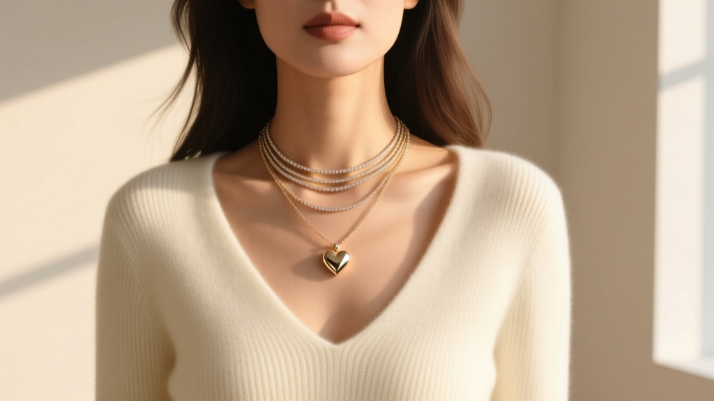 Woman wearing a layered necklace stack with a 16-inch small heart pendant over a deep V-neck cashmere sweater in soft daylight
