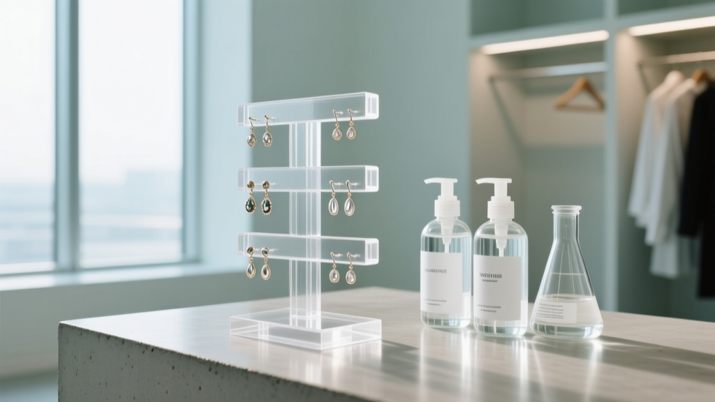 Distilled water and pH-neutral soap beside a modular PETG plastic earring display stand in a brightly lit modern dressing room