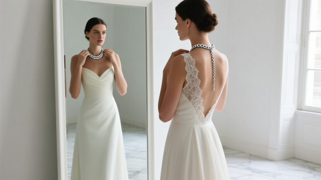 Bride adjusting the extender chain of a silver wedding choker necklace in a mirror, showing the fit resting above her collarbone.