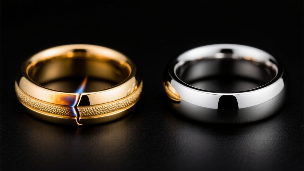 Side-by-side comparison of a torch-soldered gold ring seam versus a seamless laser-welded platinum ring joint on a dark mat