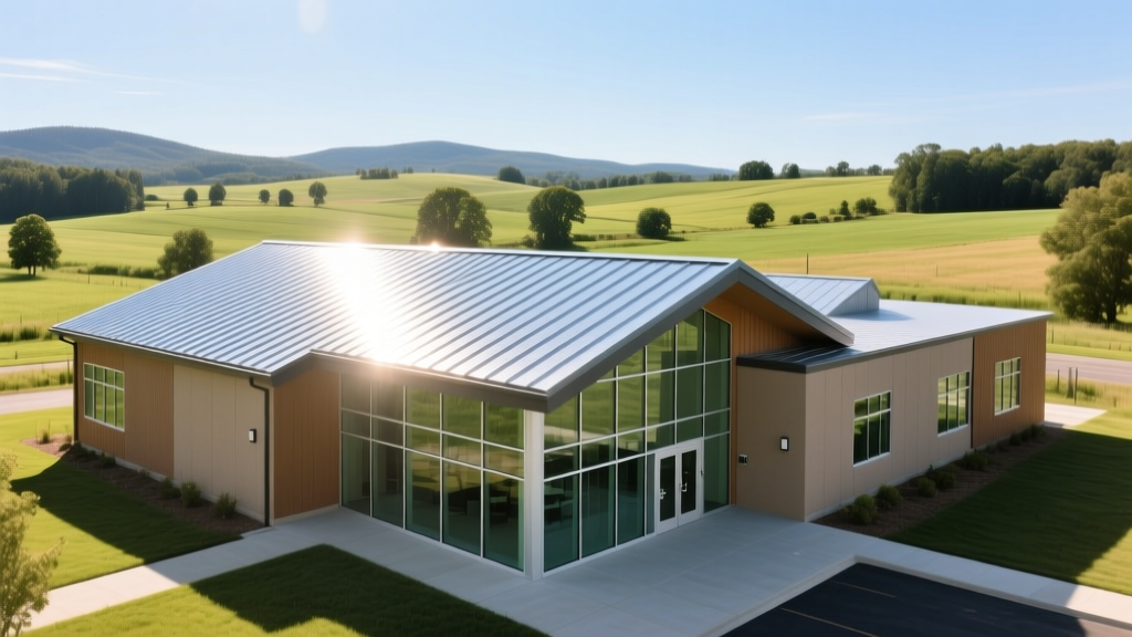 Rural township community center featuring standing seam metal roofing, fiber cement siding, and large energy-efficient glass windows.
