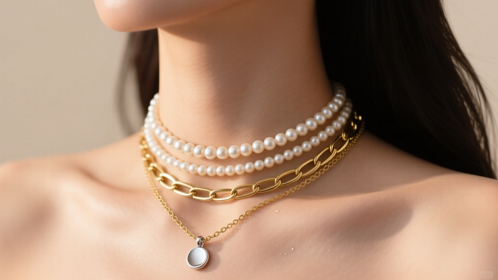 Multi necklace stack with 14k gold paperclip chain, pearl choker, and silver pendant resting on a collarbone in warm light