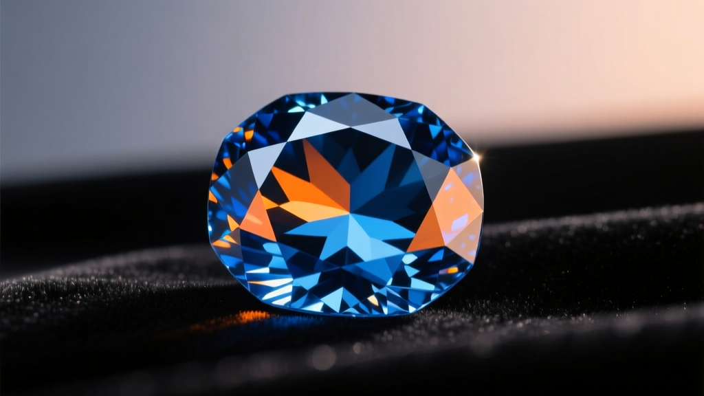 Faceted Montana parti-sapphire showing blue and orange zones under dusk lighting, viewed at a 45-degree angle on dark velvet.