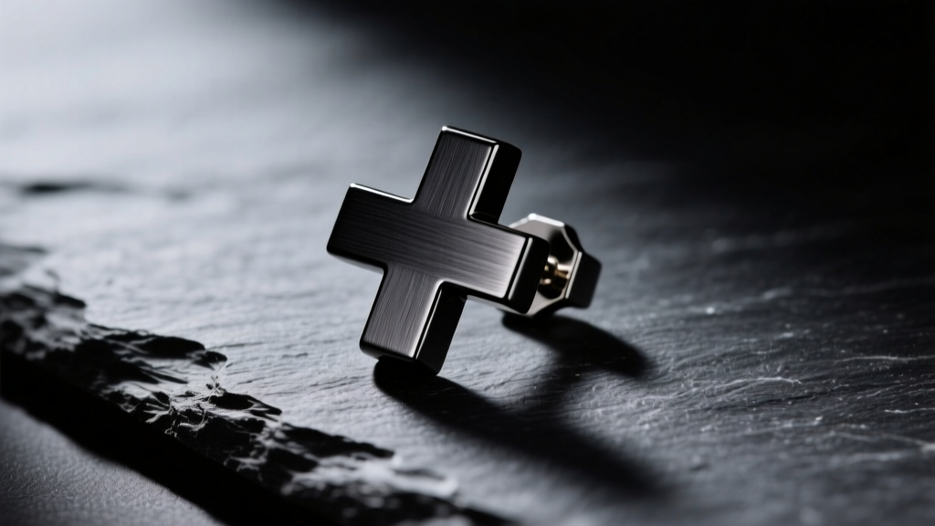 Macro shot of a matte black titanium mens cross earring on dark slate, illuminated by dramatic studio lighting to show texture