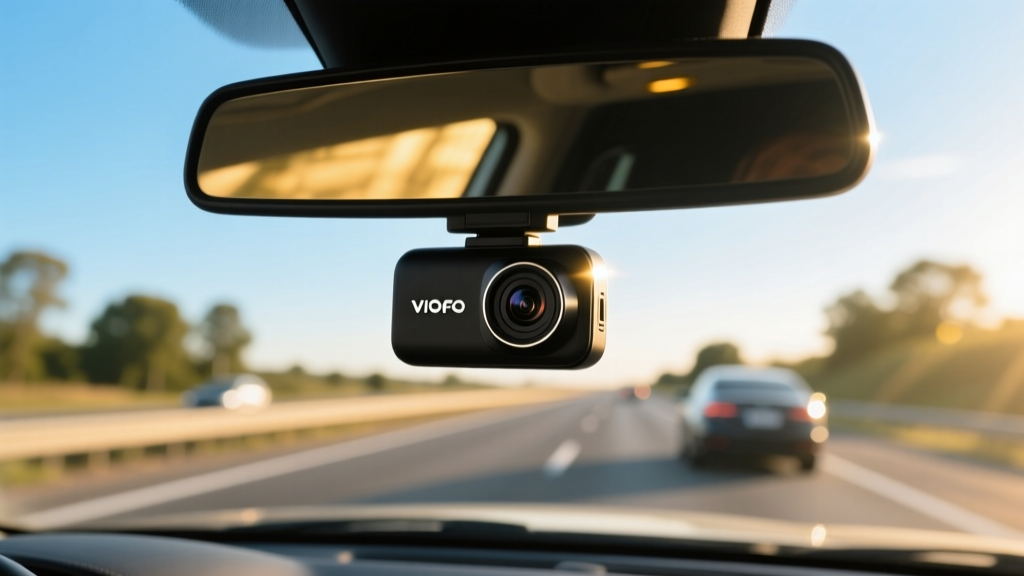 Close-up of a matte black VIOFO A119 Mini 2 dash cam mounted discreetly behind a rearview mirror, capturing a bright sunny highway ahead.