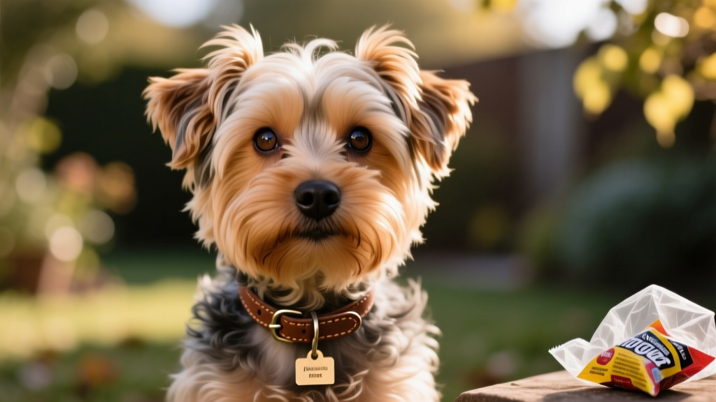 Close-up portrait of a Yorkie mix with curly, hypoallergenic fur and expressive eyes