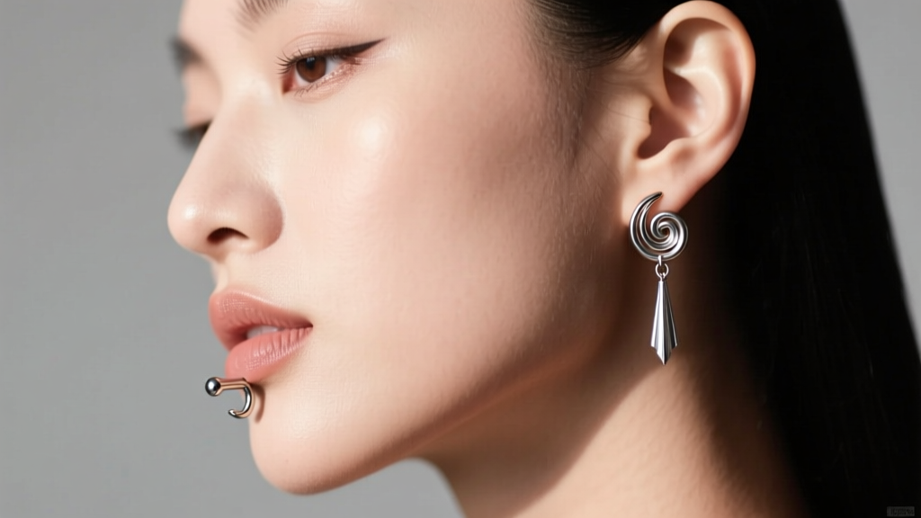 Side profile of a model wearing a helix piercing with a short titanium rain chain earring, highlighting a flat-back labret anchor.