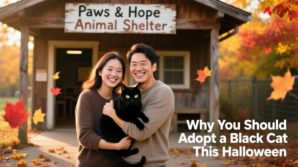 Two smiling adopters holding a gentle black cat between them, standing outside a shelter entrance decorated with autumn leaves