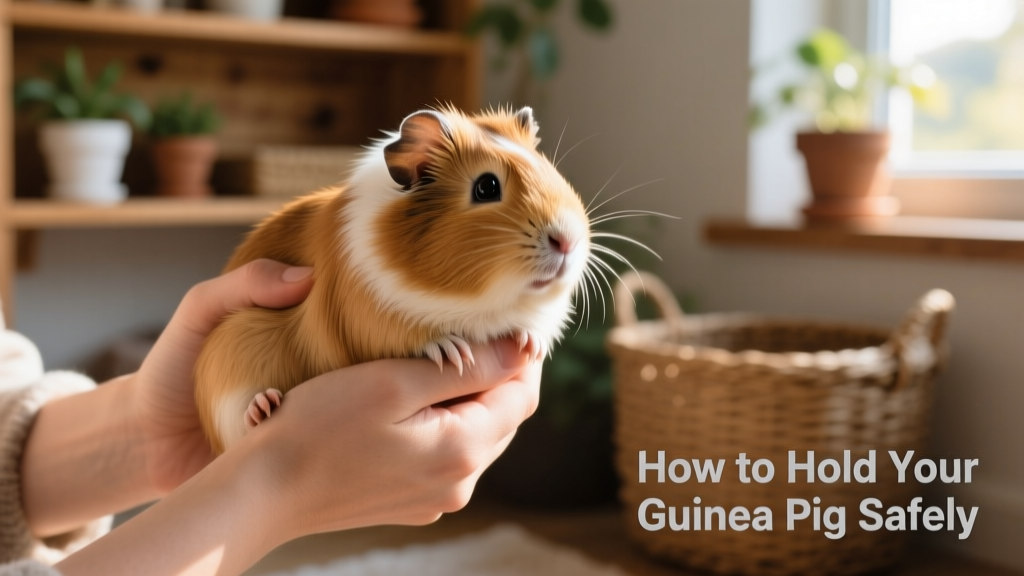 Close-up of hands correctly supporting a guinea pig: one hand under the hindquarters, the other cradling the chest