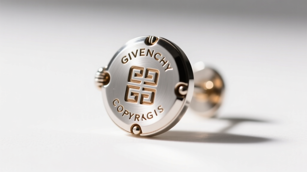 Extreme macro photography of the backplate of a vintage Givenchy earring showing the engraved copyright symbol and Paris hallmark.