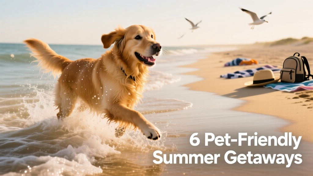 A golden retriever happily splashing in shallow ocean waves at a dog-friendly beach