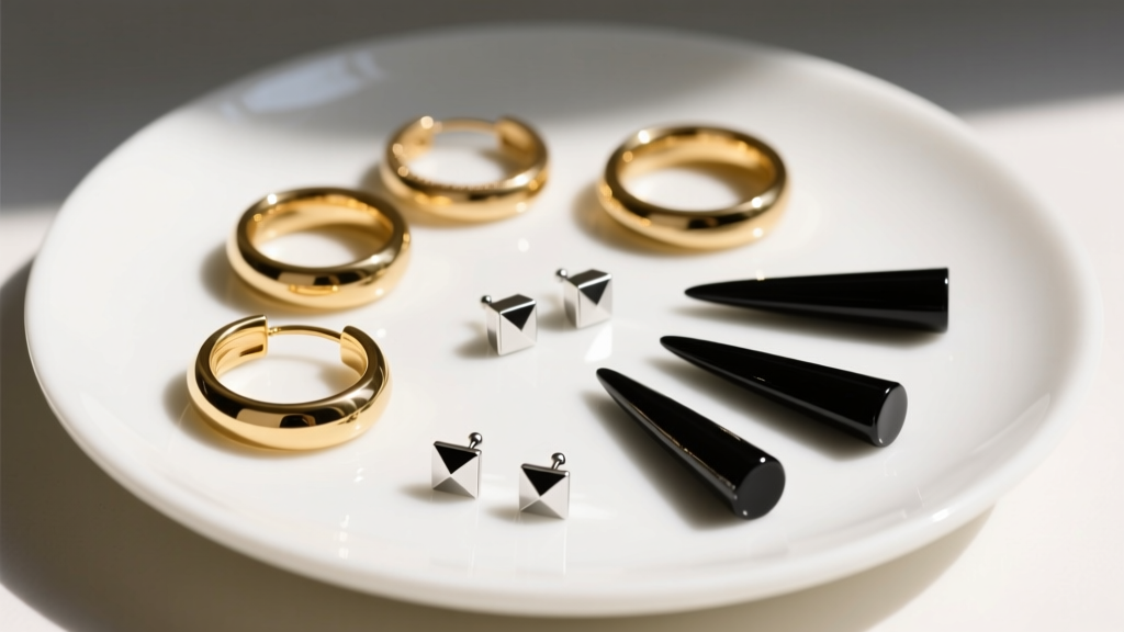 Top-down view of 18k gold hoops, sterling silver studs, and black acrylic tapers on a white ceramic plate in bright daylight.
