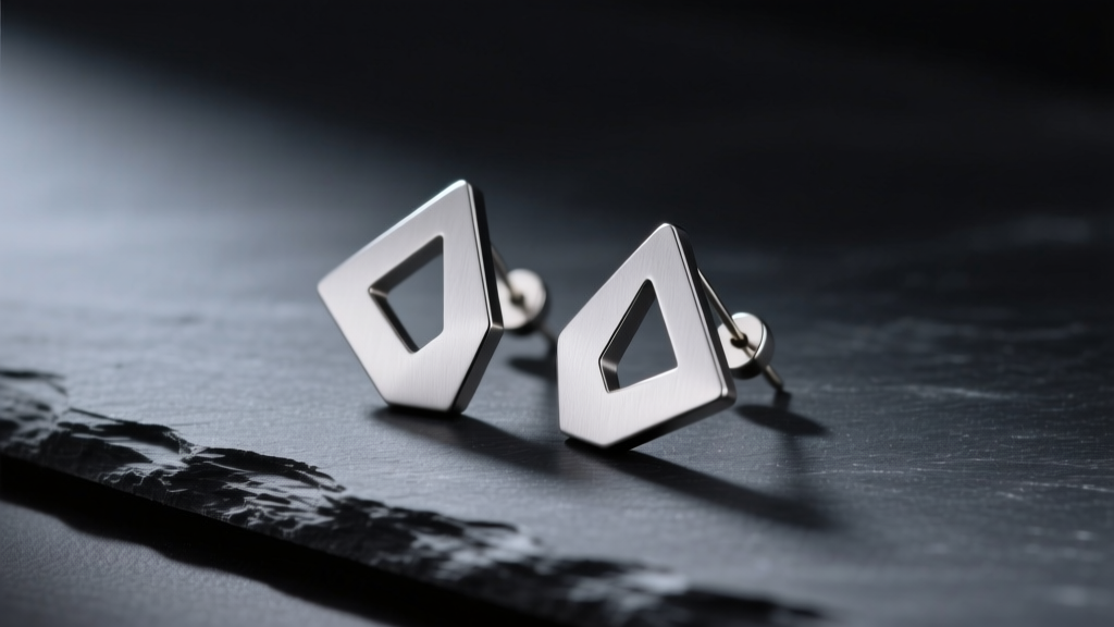 Minimalist 18-gauge titanium flat plane earrings with matte finish resting on dark slate under soft directional studio lighting.