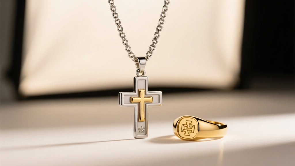 Delicate Jerusalem cross pendant layered with a silver curb chain and gold signet ring under soft, warm studio lighting.