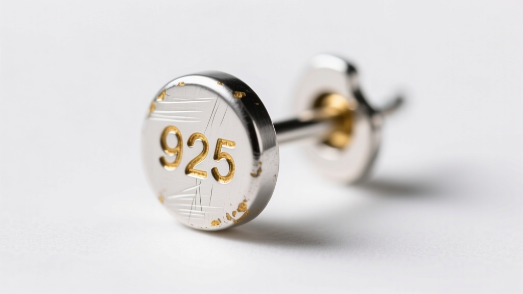 Macro shot of a 20-gauge sterling silver earring post with friction back, showing 925 stamp and light wear on the gold plating