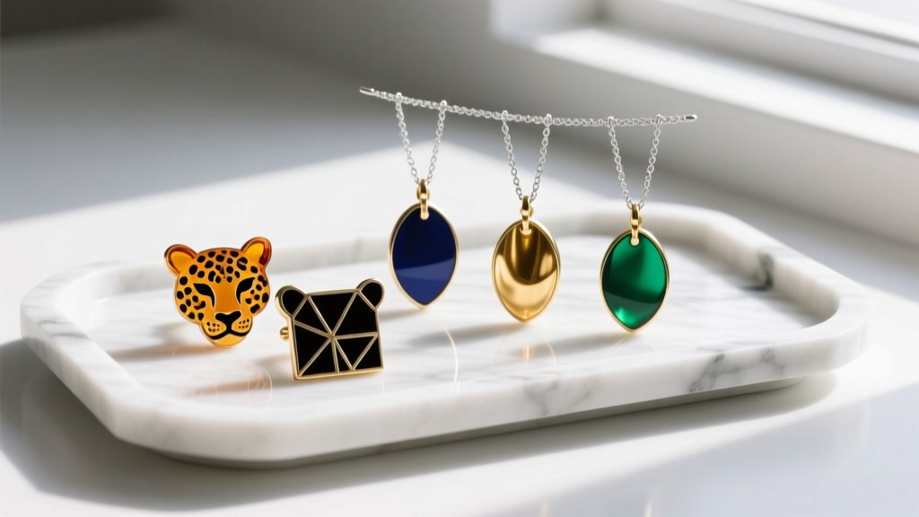 Acetate cheetah studs and brass enamel dangles on a clean white marble tray, illuminated by soft, diffused natural window light.