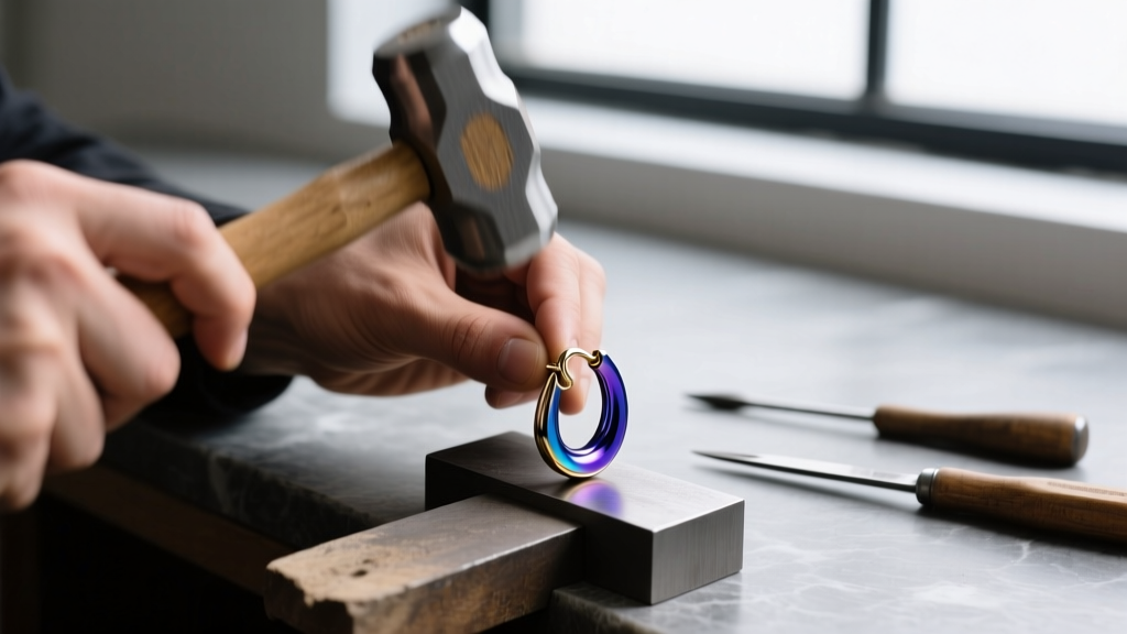 Jeweler hands using a rawhide mallet and steel bench block to gently work-harden a custom 20-gauge niobium earring hook
