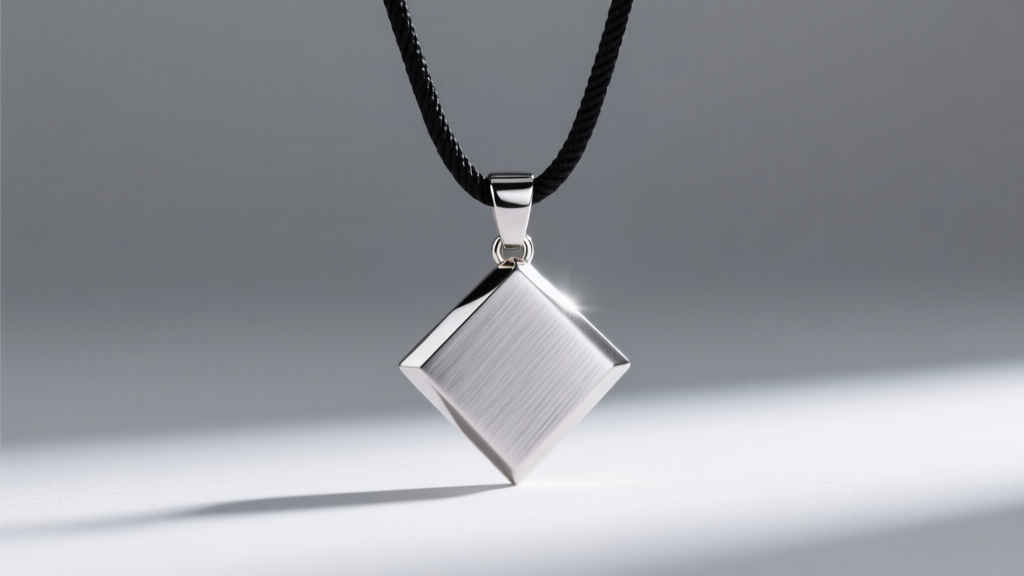 Grade 5 titanium pendant with a brushed finish hanging from a black cord, photographed against a soft grey studio backdrop.