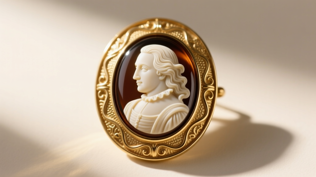 Close-up of a 1970s Avon Shakespeare collection gold-tone cameo brooch featuring a textured brass border and oval glass cabochon