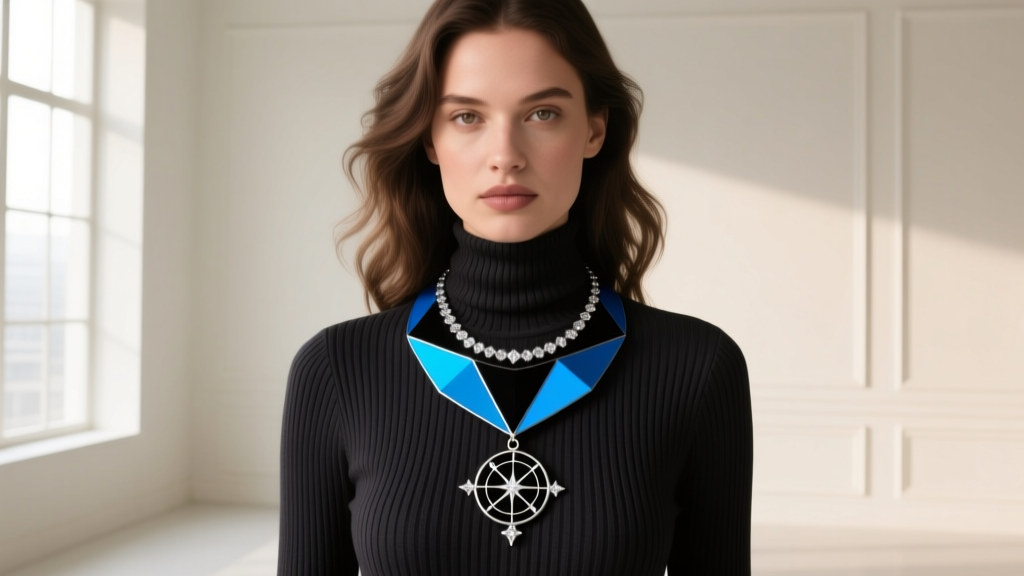 Model wearing a layered stack with a 16-inch Terraria Panic Necklace and a celestial pendant over a dark ribbed turtleneck.