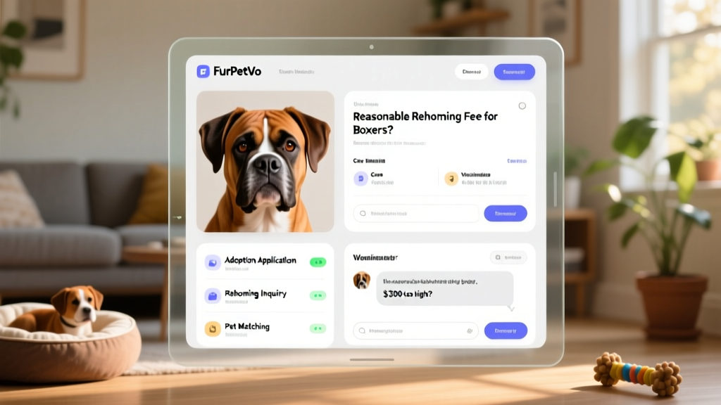 Screenshot-style image showing a clean, user-friendly FurPetVo dashboard with a Boxer's profile, application list, and messaging interface