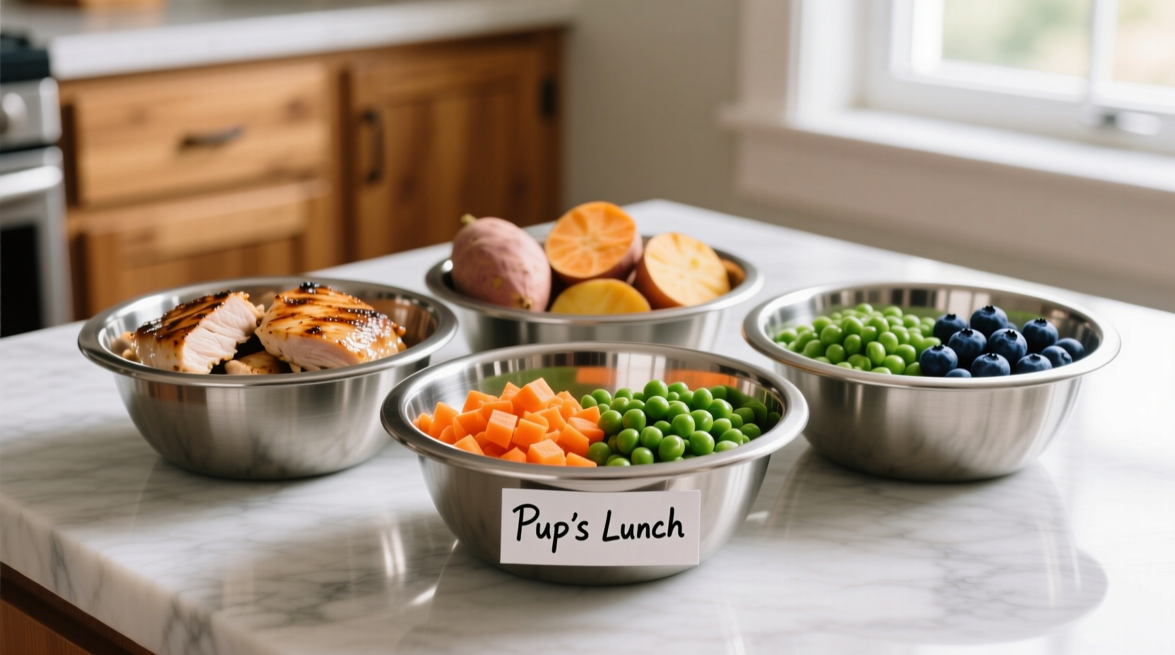 Homemade dog food ingredients in stainless steel bowls