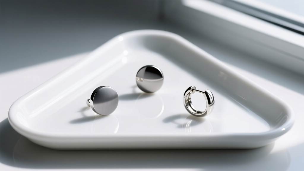 Overhead view of three circular earrings in niobium, titanium, and steel on a sterile medical tray comparing color and finish