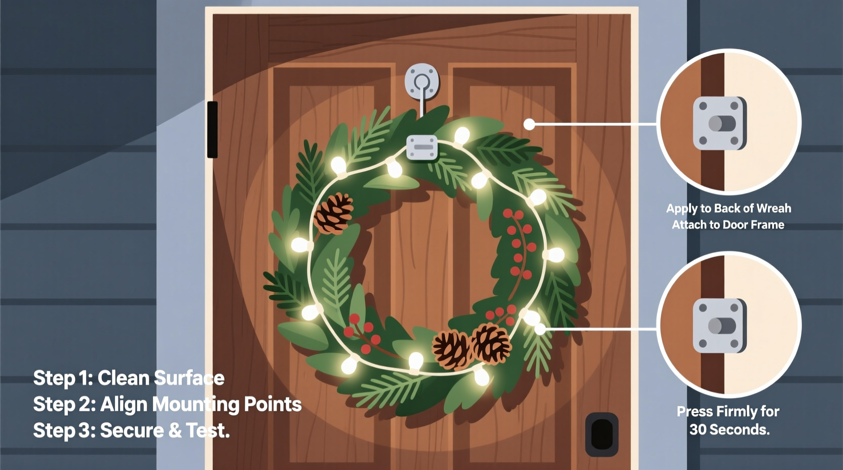 how to hang a wreath with lights using invisible mounting solutions