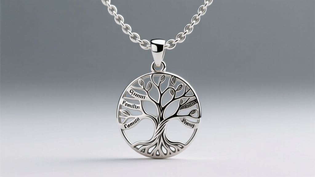 Close-up of a sterling silver rolo chain lobster clasp connecting to a detailed family tree pendant under soft directional studio lighting.