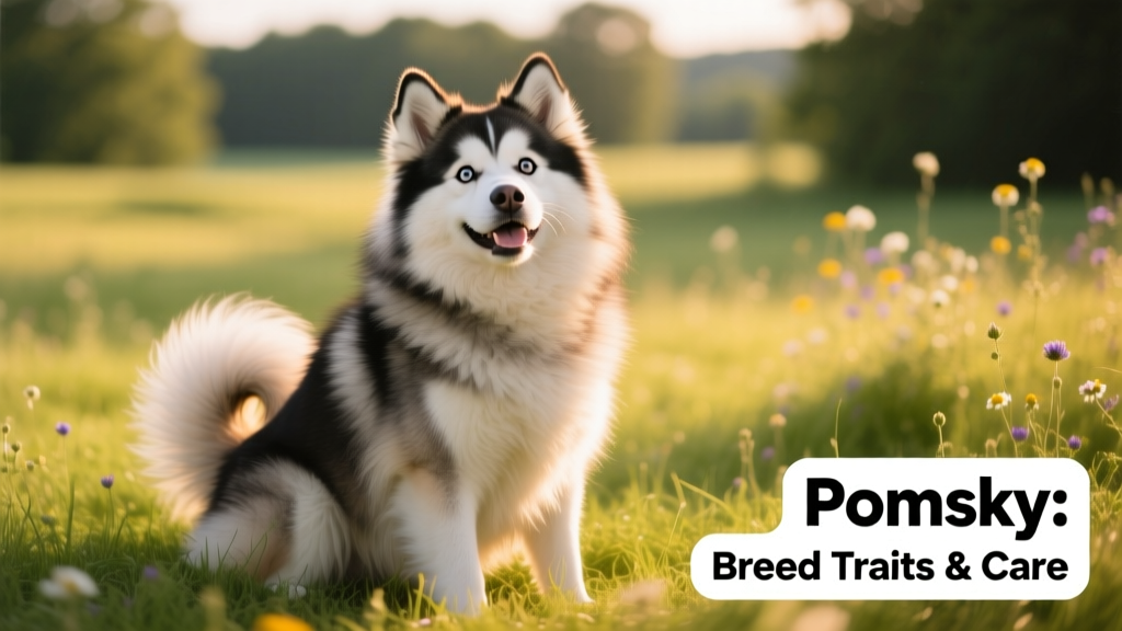 A playful Pomsky sitting in grass, showcasing its fluffy coat and expressive eyes