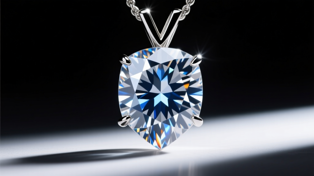 Close-up of a large pear diamond pendant setting, showing reinforced V-prongs and secure edges viewed through a jeweler