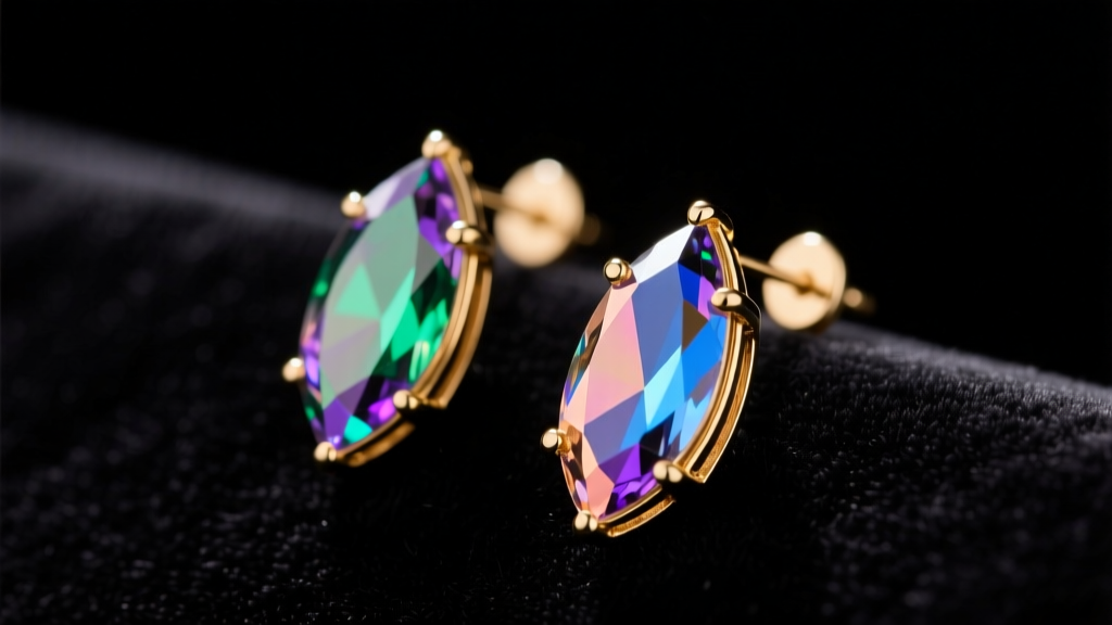 Macro shot of vintage gold-tone Sarah Coventry clip-on earrings with marquise aurora borealis rhinestones resting on dark velvet.