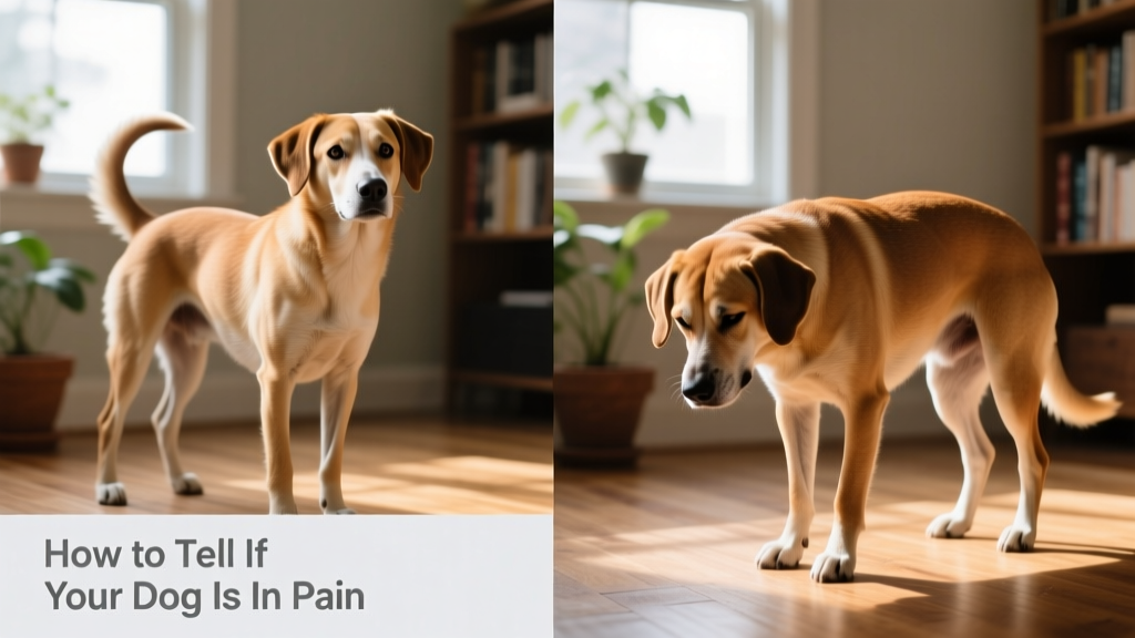 Side-by-side comparison: a relaxed, upright dog standing comfortably versus the same dog hunched with tense muscles and lowered tail