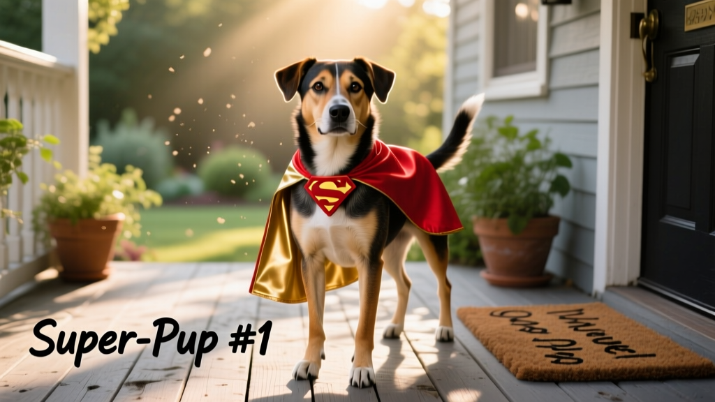 A confident, medium-sized dog wearing a tiny red-and-gold cape, standing on a sunlit porch