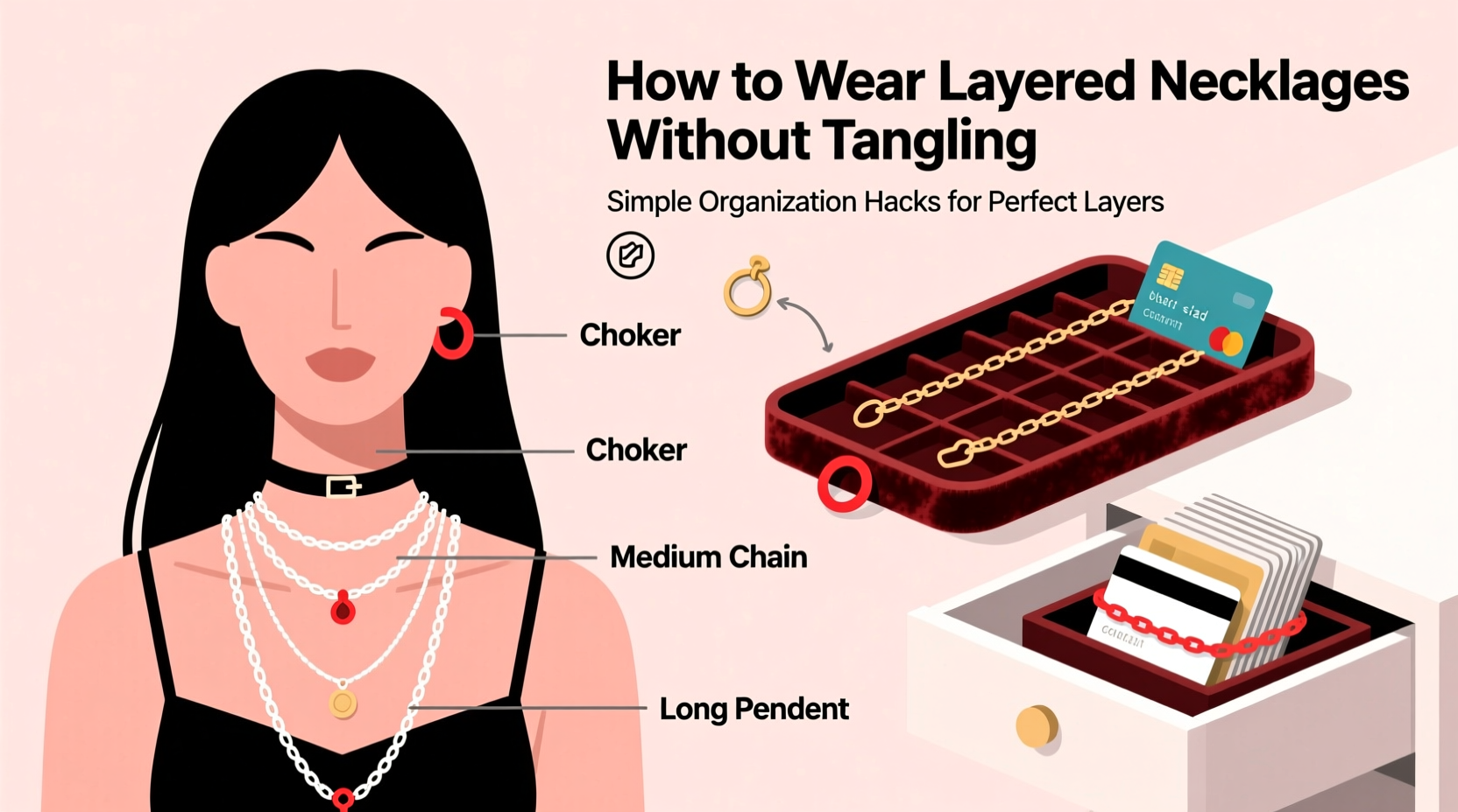 how to wear layered necklaces without tangling using simple organization hacks