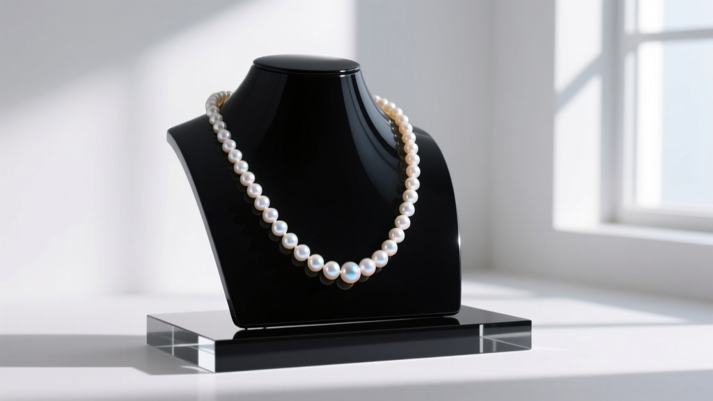 Pearl necklace on stand of matte black acrylic, showing chain drape and shadow against a white wall in a professional studio.