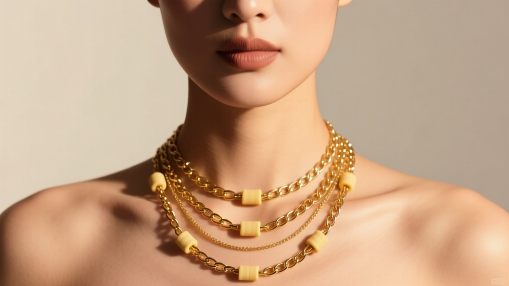 Woman wearing layered gold chains adjusted at the collarbone with silicone shortener sliders under warm, diffused studio lighting