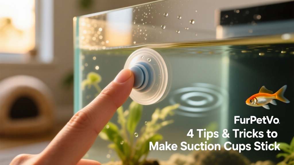Finger pressing a FurPetVo suction cup firmly onto aquarium glass with visible even pressure