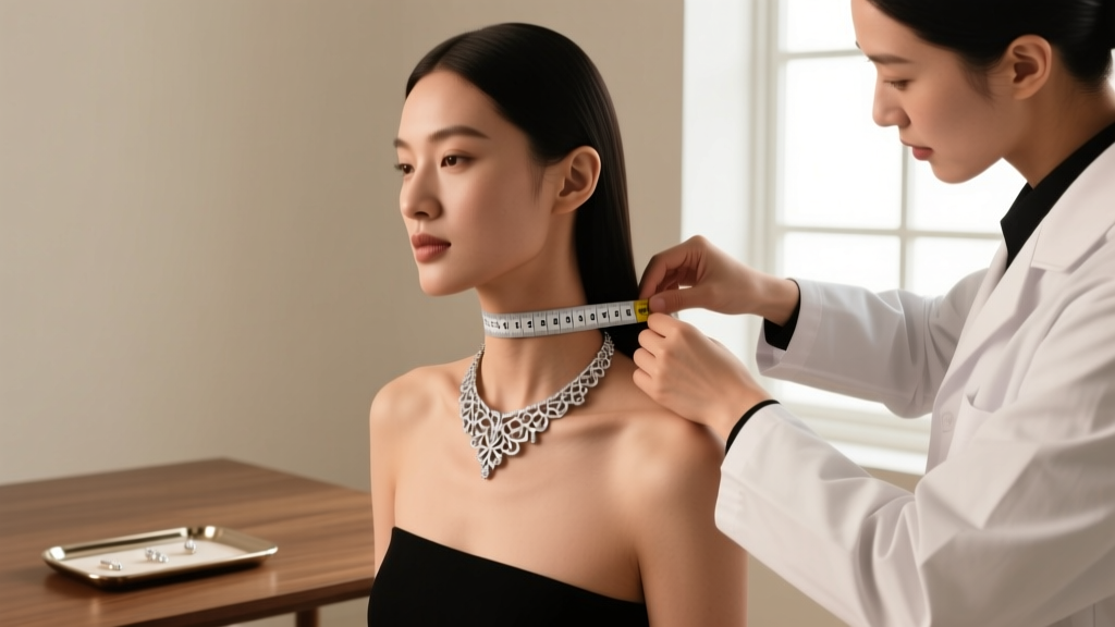 Jeweler using a flexible tape to measure a neck for a custom Debra choker necklace, ensuring a perfect 14-inch collarbone fit.