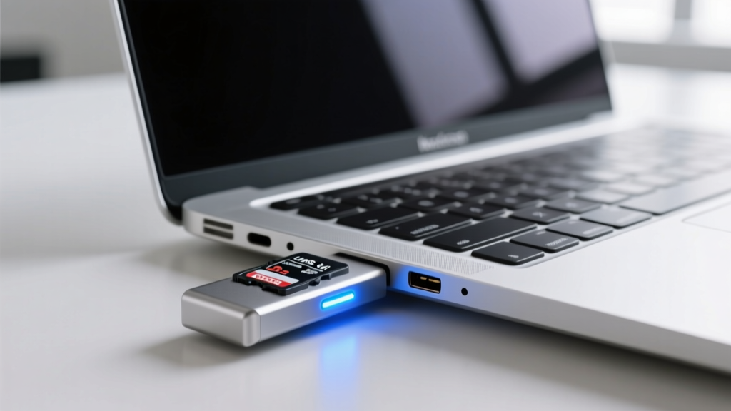 Close up of a UHS-II SD card reader plugged into a MacBook Air Thunderbolt port transferring drone footage with a glowing LED indicator