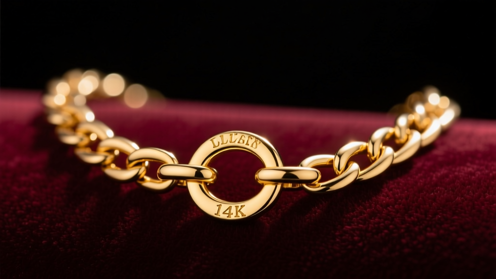 Close-up of a 14k yellow gold toggle chain necklace on velvet, focusing on the T-bar and O-ring clasp under studio light