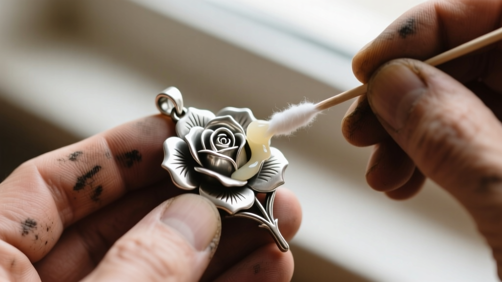 Macro shot of an artisan applying microcrystalline wax to the back of a pewter arcane rose pendant using a soft cotton swab