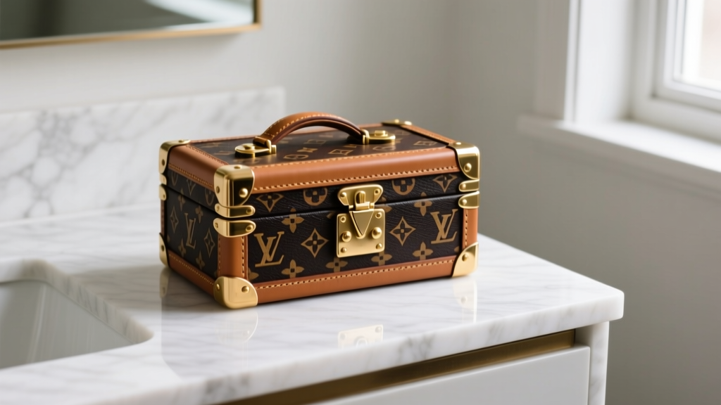 Restored vintage Louis Vuitton monogram jewelry case with rich vachetta leather trim and polished brass clasp on a marble vanity