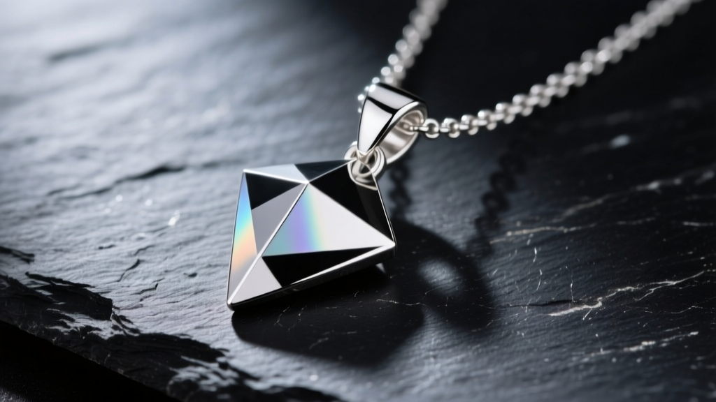 Macro photography of a polished Argentium silver v necklace resting on dark slate, highlighting the sharp geometric vertex point.