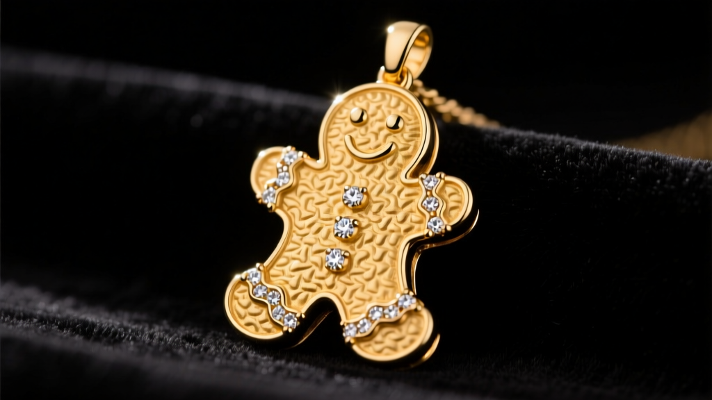 Close-up of a 14k yellow gold gingerbread man pendant with pavé diamond accents resting on dark velvet, studio lighting