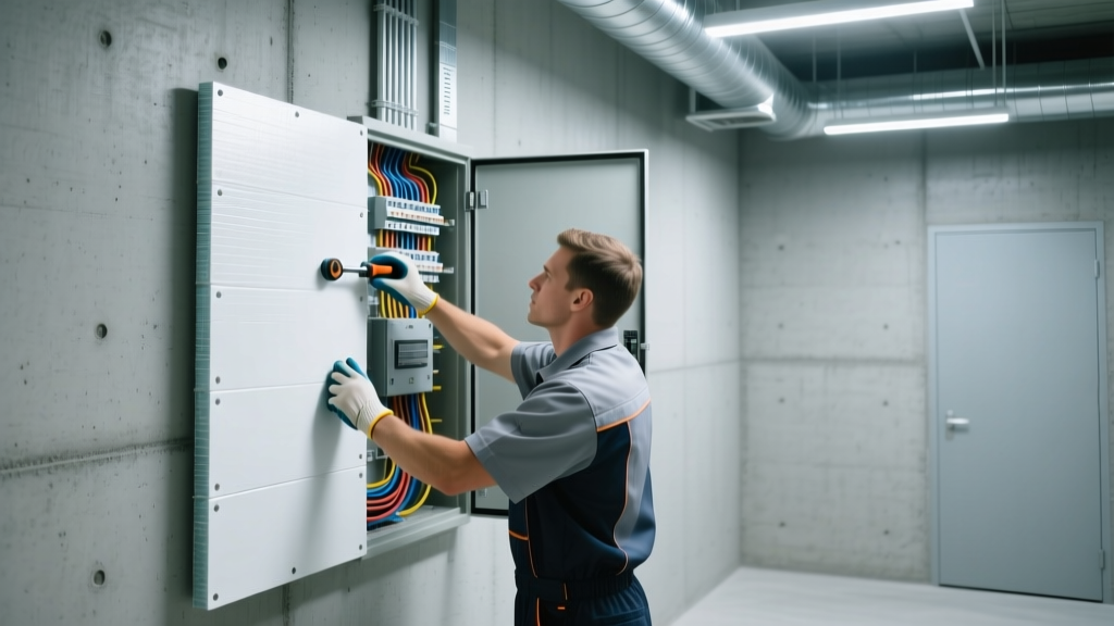 Electrician installing high-temperature mica board insulation behind a commercial electrical panel in a concrete utility room