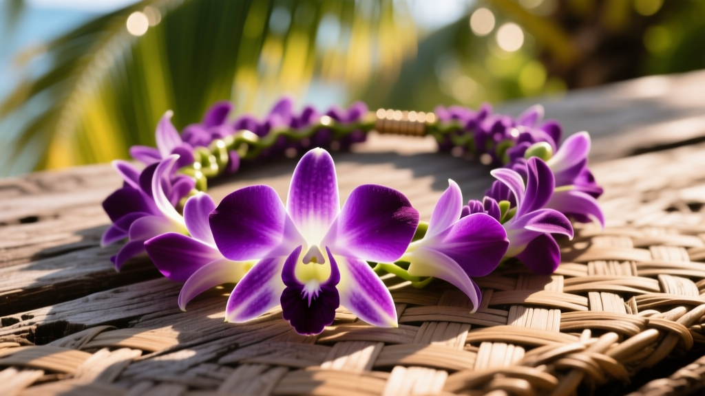 Close-up of a vibrant purple Dendrobium orchid lei necklace draped over a woven wooden surface, bathed in warm tropical sunlight.