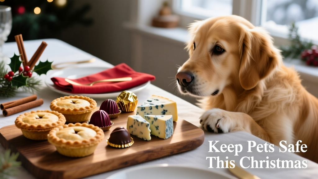 A festive table setting with mince pies, chocolate truffles, and blue cheese on a cheese board, with a dog looking longingly at the food