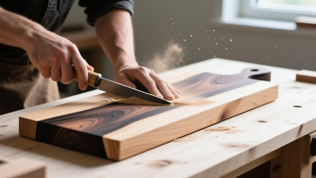 Close-up of a craftsman sanding a thick end-grain hard maple and black walnut cutting board on a well-lit woodworking bench